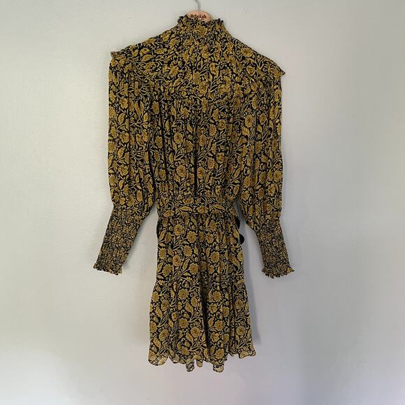 NICHOLAS Abbey Ruffled Printed Crepe Mini Dress In Mustard Yellow w/ Belt SZ 0 - Picture 12 of 16